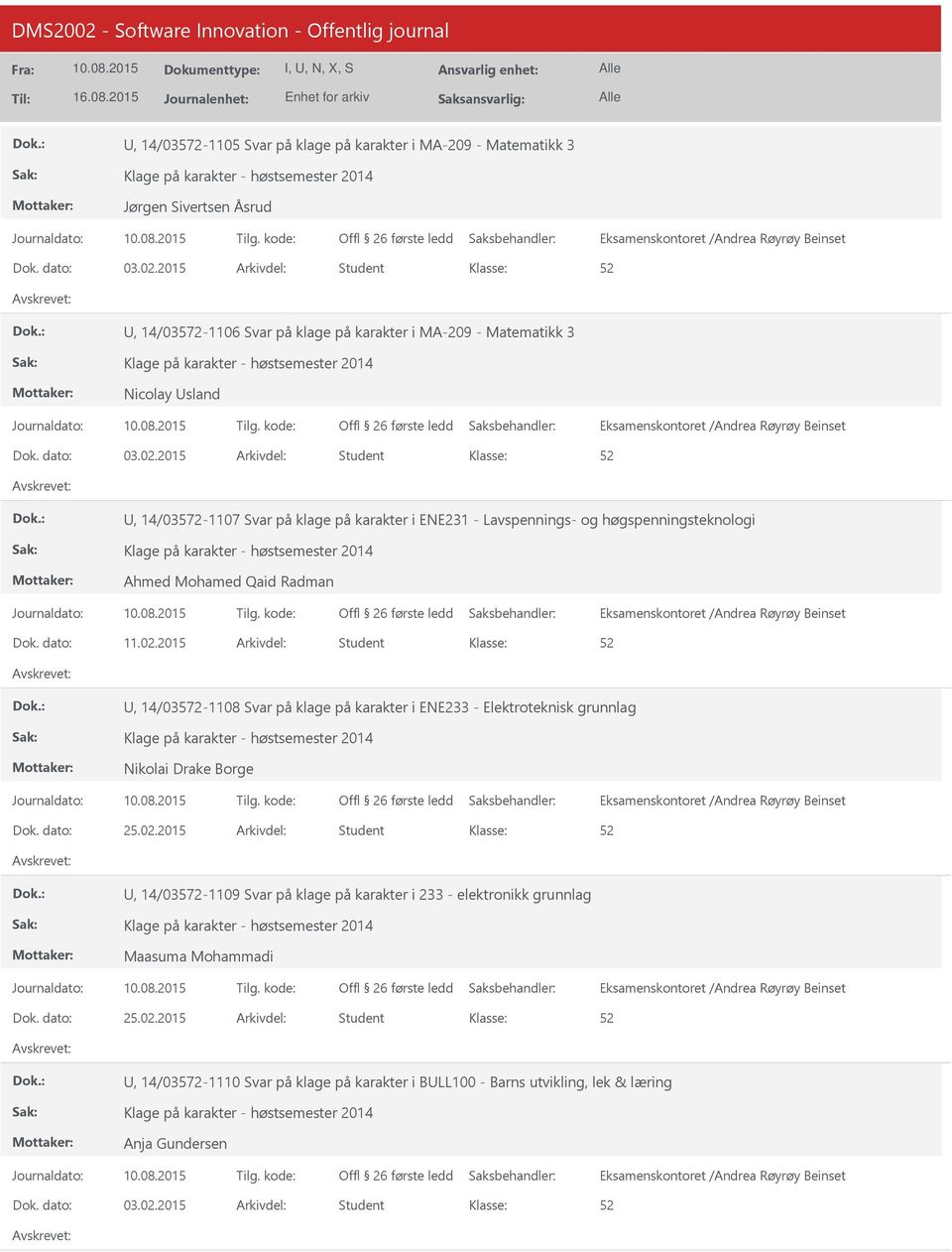 2015 Student, 14/03572-1107 Svar på klage på karakter i ENE231 - Lavspennings- og høgspenningsteknologi Ahmed Mohamed Qaid Radman 11.02.