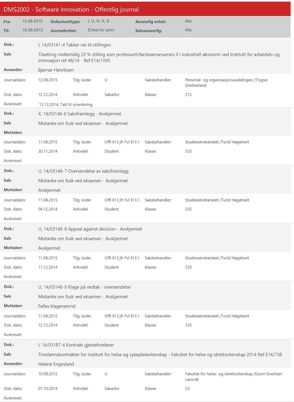 12.2014 212 15.12.2014, Tatt til orientering X, 14/03146-6 Saksframlegg - Avskjermet Mistanke om fusk ved eksamen - Avskjermet Studiesekretariatet /Turid Høgetveit 30.11.