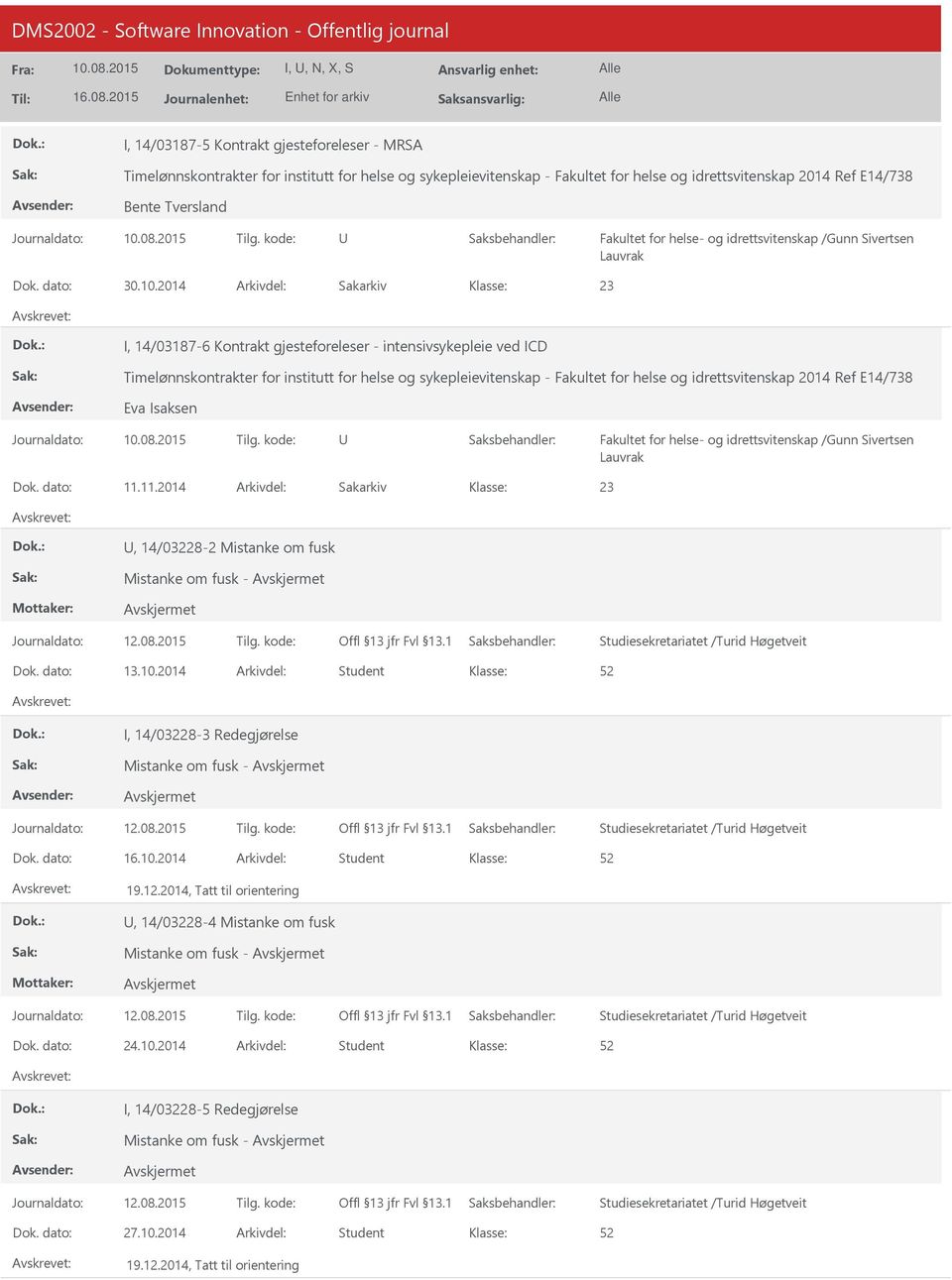 2014 23 I, 14/03187-6 Kontrakt gjesteforeleser - intensivsykepleie ved ICD Timelønnskontrakter for institutt for helse og sykepleievitenskap - Fakultet for helse og idrettsvitenskap 2014 Ref E14/738