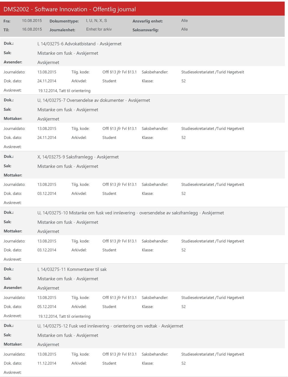 2014 Student X, 14/03275-9 Saksframlegg - Avskjermet Mistanke om fusk - Avskjermet Studiesekretariatet /Turid Høgetveit 03.12.