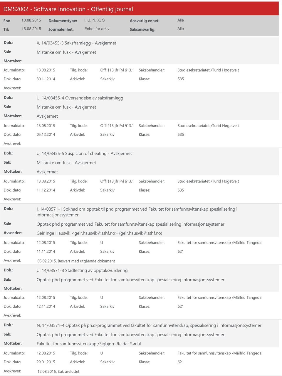 2014 535, 14/03455-5 Suspicion of cheating - Avskjermet Mistanke om fusk - Avskjermet Avskjermet Studiesekretariatet /Turid Høgetveit 11.12.