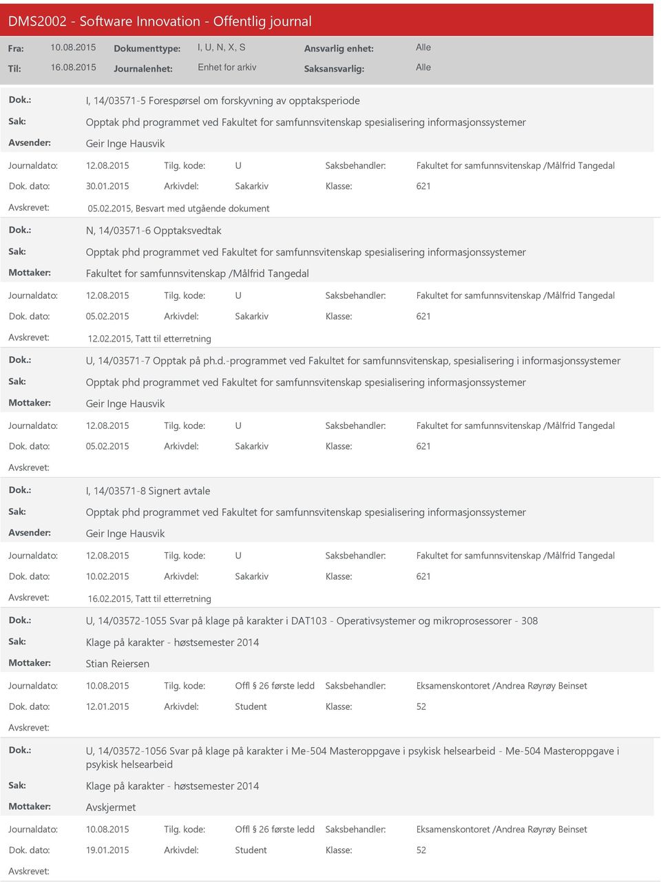 2015, Besvart med utgående dokument N, 14/03571-6 Opptaksvedtak Opptak phd programmet ved Fakultet for samfunnsvitenskap spesialisering informasjonssystemer Fakultet for samfunnsvitenskap /Målfrid