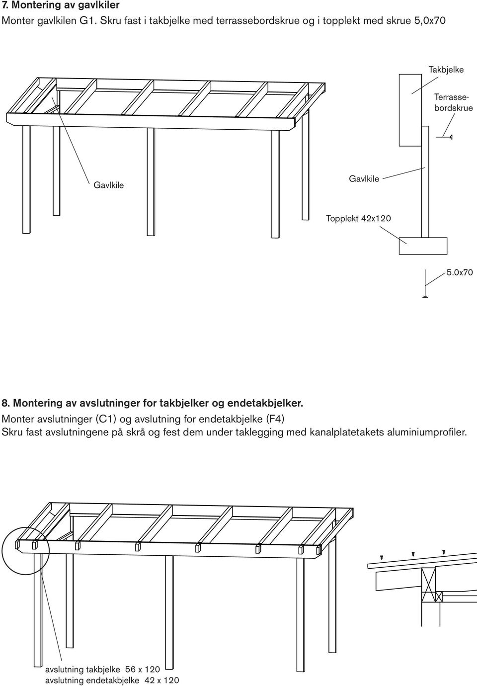 Gavlkile Topplekt 42x120 5.0x70 8. Montering av avslutninger for takbjelker og endetakbjelker.