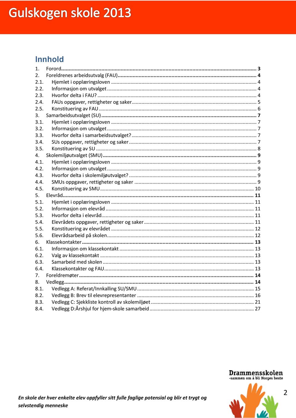 SUs oppgaver, rettigheter og saker... 7 3.5. Konstituering av SU... 8 4. Skolemiljøutvalget (SMU)... 9 4.1. Hjemlet i opplæringsloven... 9 4.2. Informasjon om utvalget... 9 4.3. Hvorfor delta i skolemiljøutvalget?