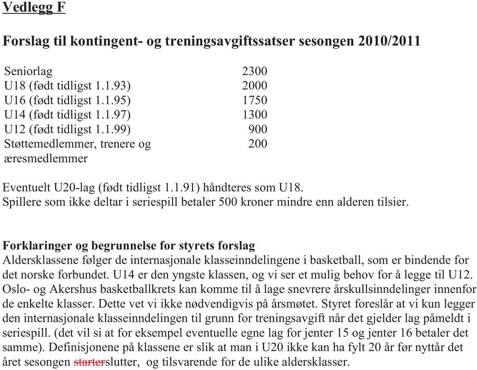 Forklaringer og begrunnelse for styrets forslag Aldersklassene følger de internasjonale klasseinndelingene i basketball, som er bindende for det norske forbundet.