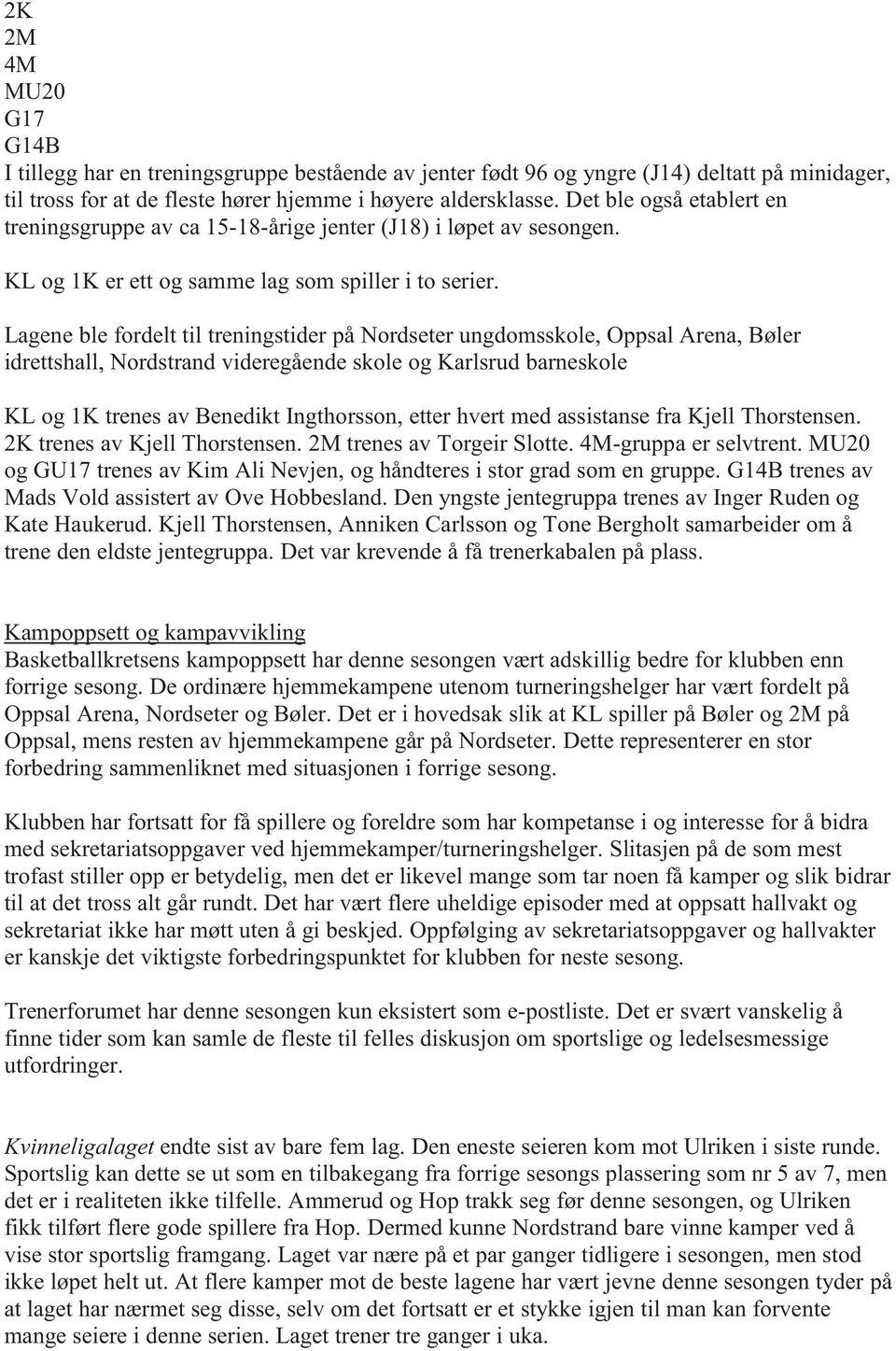 Lagene ble fordelt til treningstider på Nordseter ungdomsskole, Oppsal Arena, Bøler idrettshall, Nordstrand videregående skole og Karlsrud barneskole KL og 1K trenes av Benedikt Ingthorsson, etter