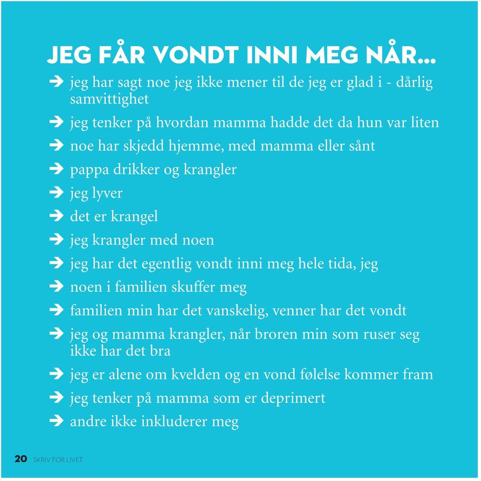 inni meg hele tida, jeg noen i familien skuffer meg familien min har det vanskelig, venner har det vondt jeg og mamma krangler, når broren min som ruser