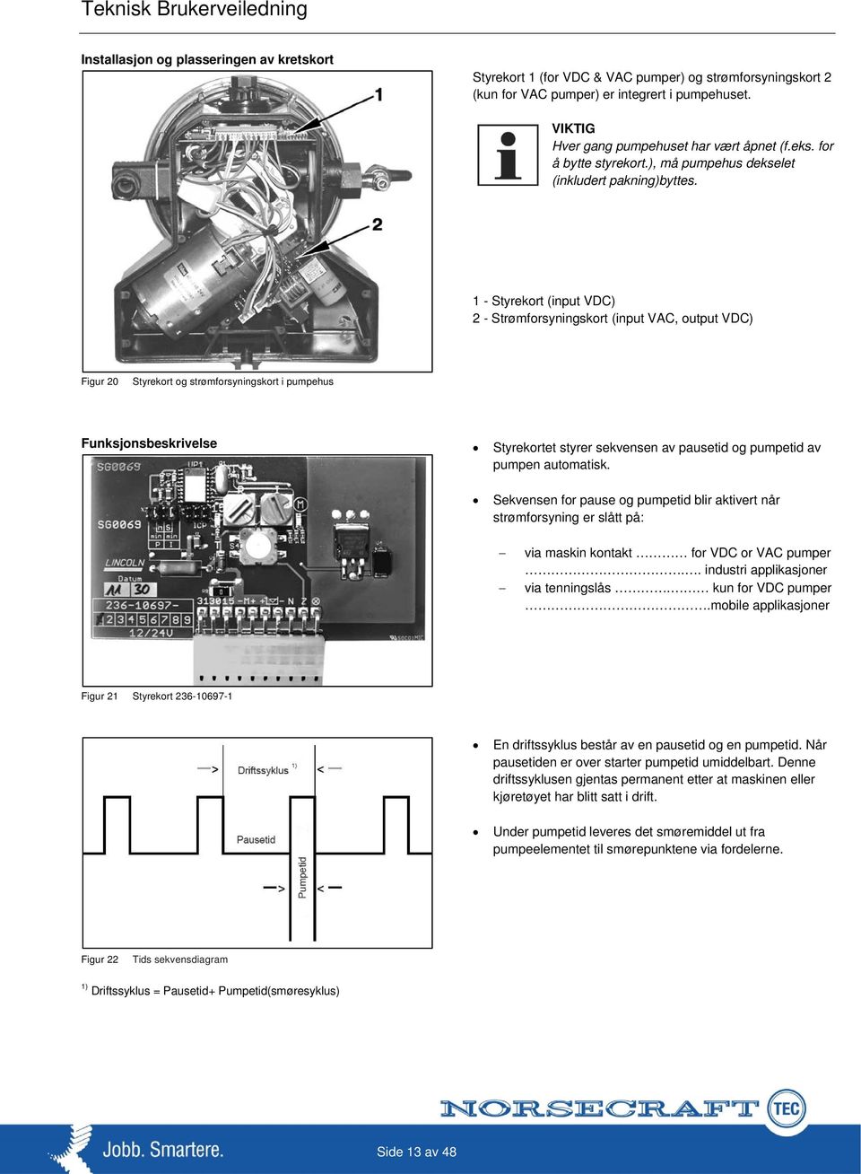 1 - Styrekort (input VDC) 2 - Strømforsyningskort (input VAC, output VDC) Figur 20 Styrekort og strømforsyningskort i pumpehus Funksjonsbeskrivelse Styrekortet styrer sekvensen av pausetid og