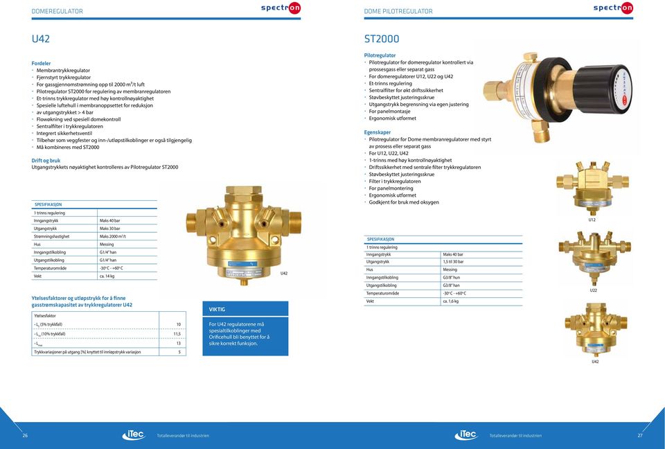 Sentralfilter i trykkregulatoren Integrert sikkerhetsventil Tilbehør som veggfester og inn/utløpstilkoblinger er også tilgjengelig Må kombineres med ST2000 Drift og bruk ets nøyaktighet kontrolleres