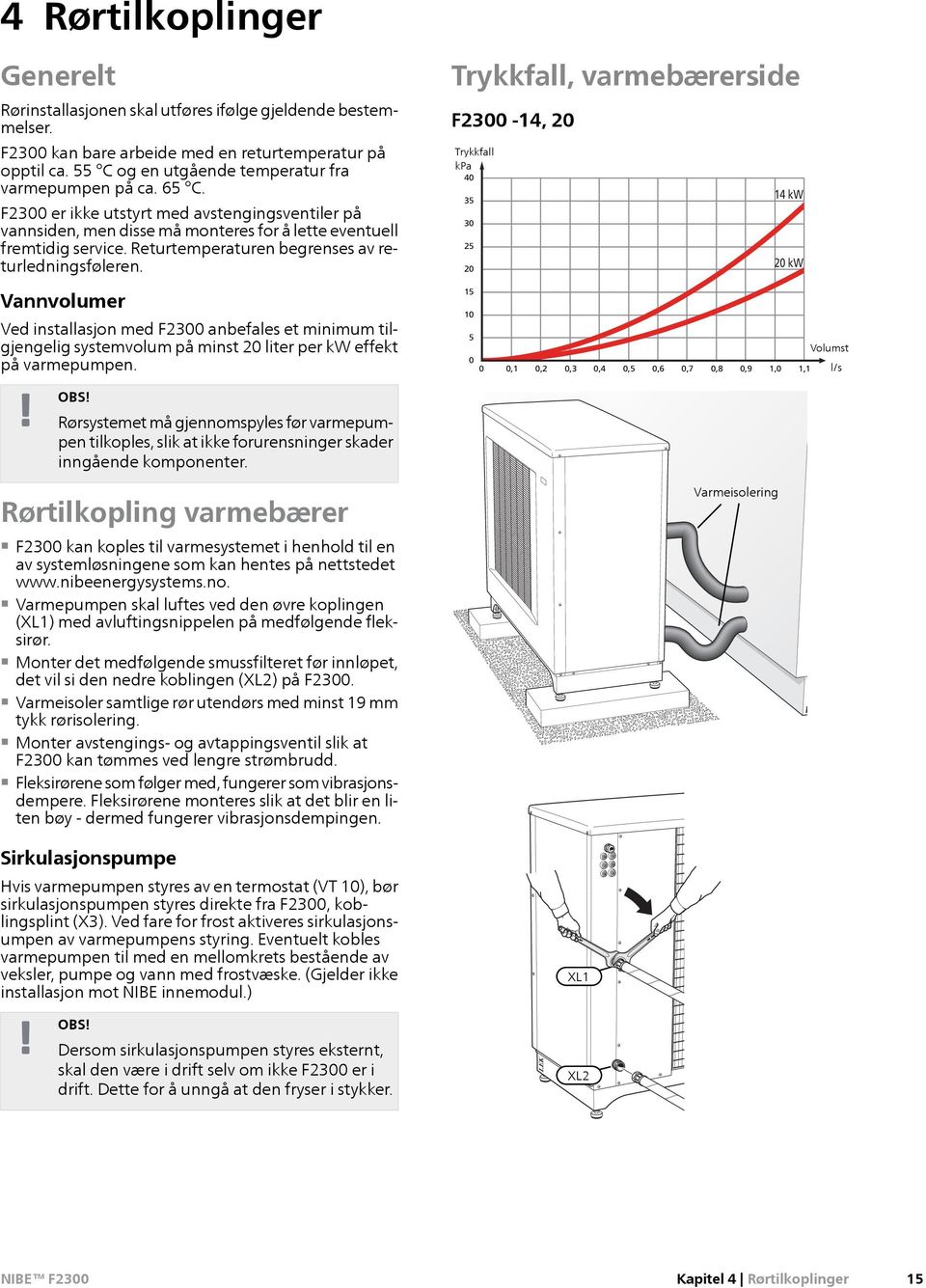 Returtemperaturen begrenses av returledningsføleren. Vannvolumer Ved installasjon med F2300 anbefales et minimum tilgjengelig systemvolum på minst 20 liter per effekt på varmepumpen.