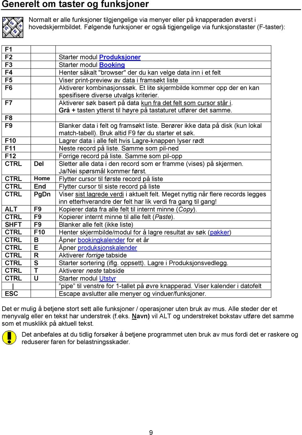 Viser print-preview av data i framsøkt liste F6 Aktiverer kombinasjonssøk. Et lite skjermbilde kommer opp der en kan spesifisere diverse utvalgs kriterier.