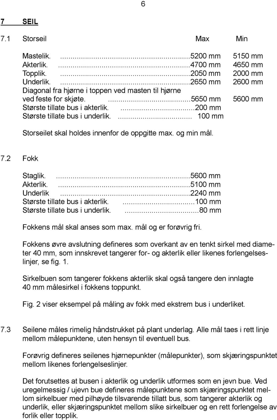 ... 100 mm Storseilet skal holdes innenfor de oppgitte max. og min mål. 7.2 Fokk Staglik....5600 mm Akterlik....5100 mm Underlik...2240 mm Største tillate bus i akterlik.