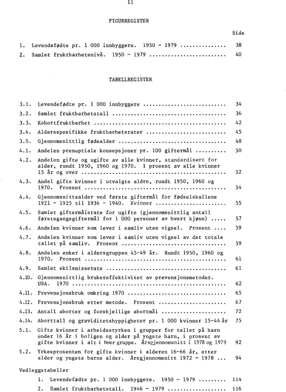 I prosent av alle kvinner 15 år og over 52 4.3. Andel gifte kvinner i utvalgte aldre, rundt 1950, 1960 og 1970. Prosent 54 4.4. Gjennomsnittsalder ved forste giftermål for fodselskullene 1921-1925 til 1936-1940.