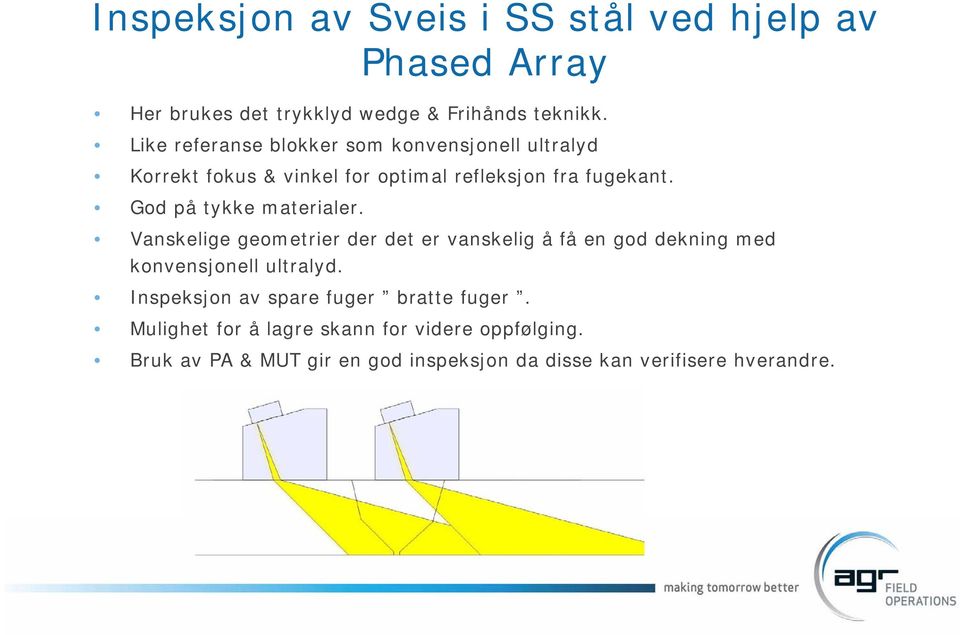 God på tykke materialer. Vanskelige geometrier der det er vanskelig å få en god dekning med konvensjonell ultralyd.