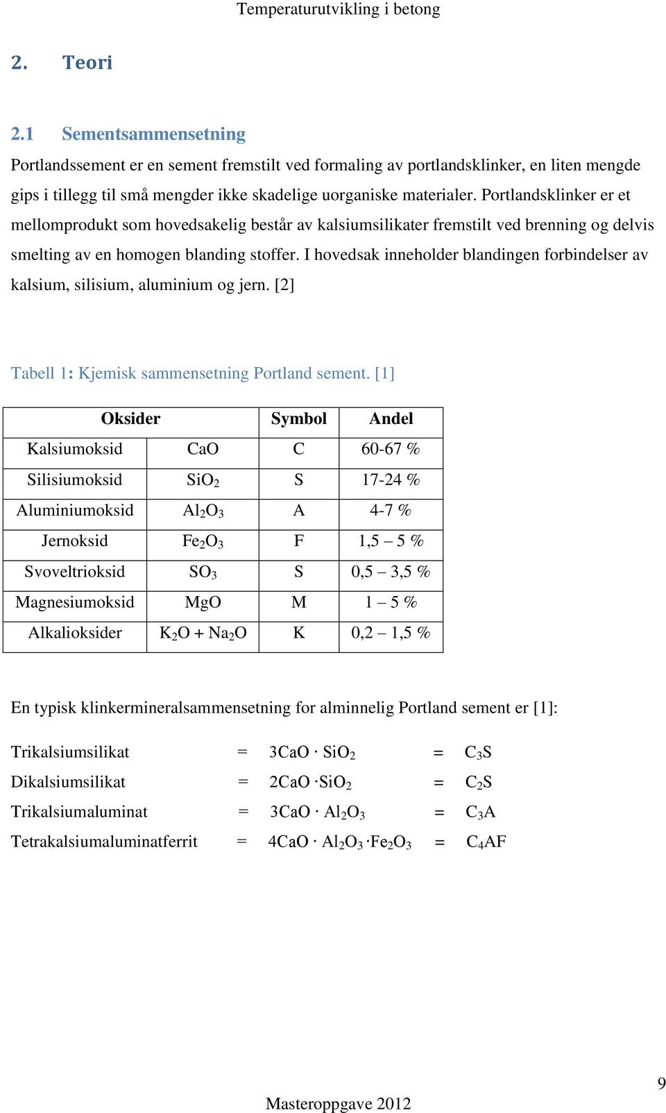 I hovedsak inneholder blandingen forbindelser av kalsium, silisium, aluminium og jern. [2] Tabell 1: Kjemisk sammensetning Portland sement.