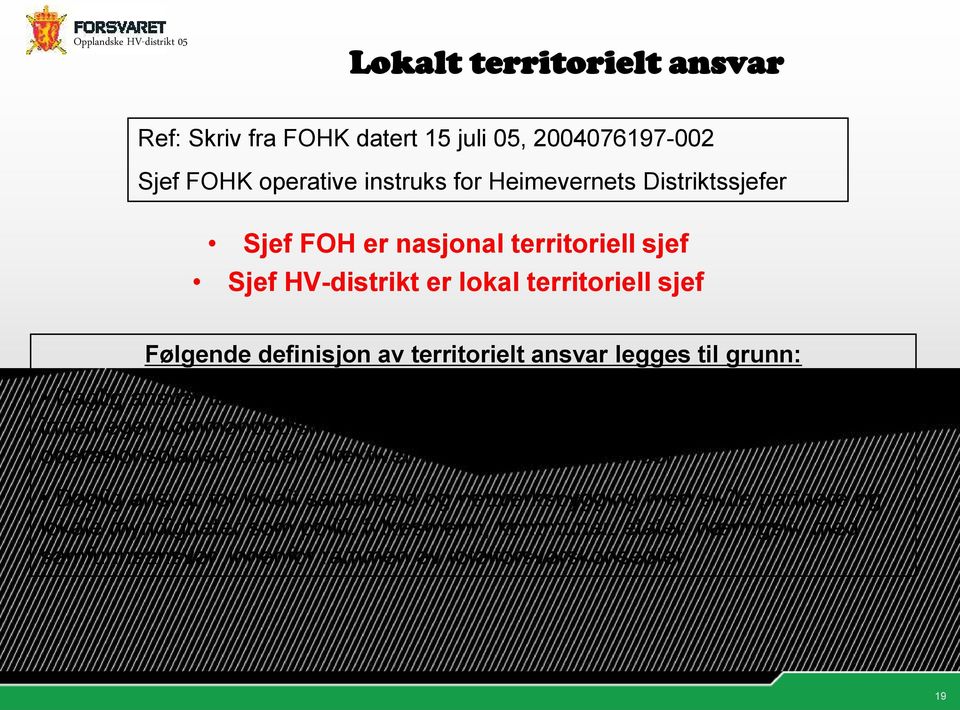 krise og krig innen eget kommandodistrikt med egne og tildelte styrker etter gjeldende operasjonsplaner- ordrer, direktiver, konsepter og instrukser.