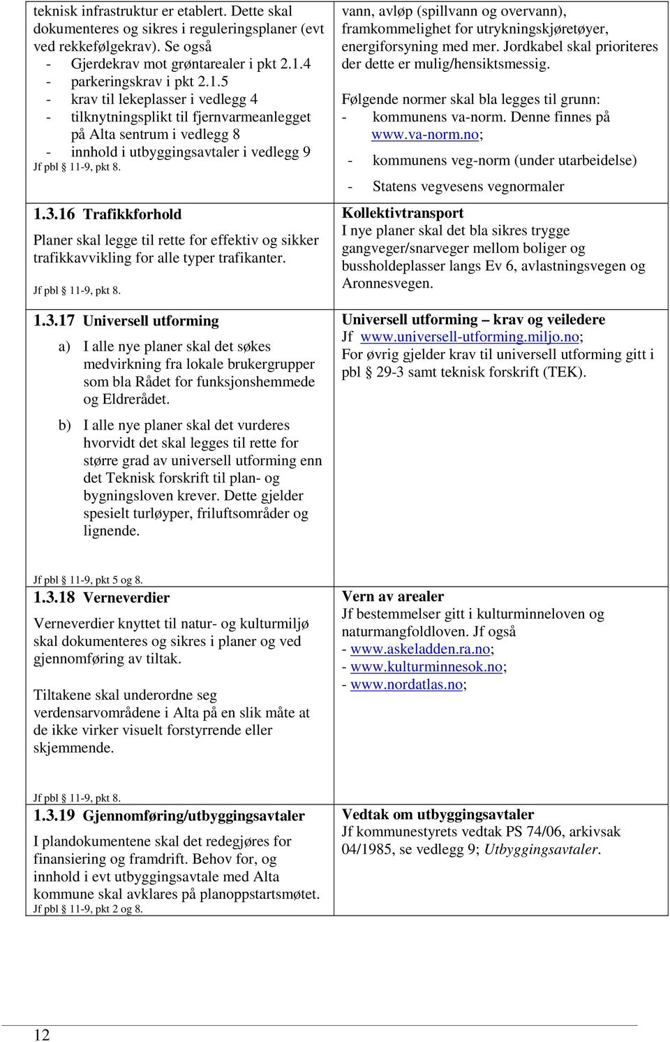 1.3.16 Trafikkforhold Planer skal legge til rette for effektiv og sikker trafikkavvikling for alle typer trafikanter. Jf pbl 11-9, pkt 8. 1.3.17 Universell utforming a) I alle nye planer skal det søkes medvirkning fra lokale brukergrupper som bla Rådet for funksjonshemmede og Eldrerådet.