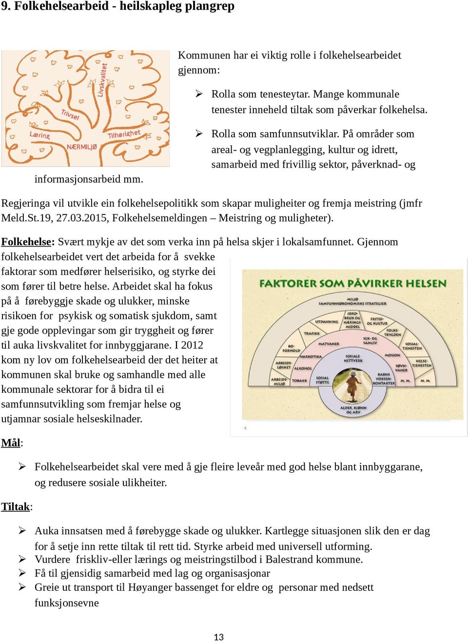 På områder som areal- og vegplanlegging, kultur og idrett, samarbeid med frivillig sektor, påverknad- og Regjeringa vil utvikle ein folkehelsepolitikk som skapar muligheiter og fremja meistring (jmfr