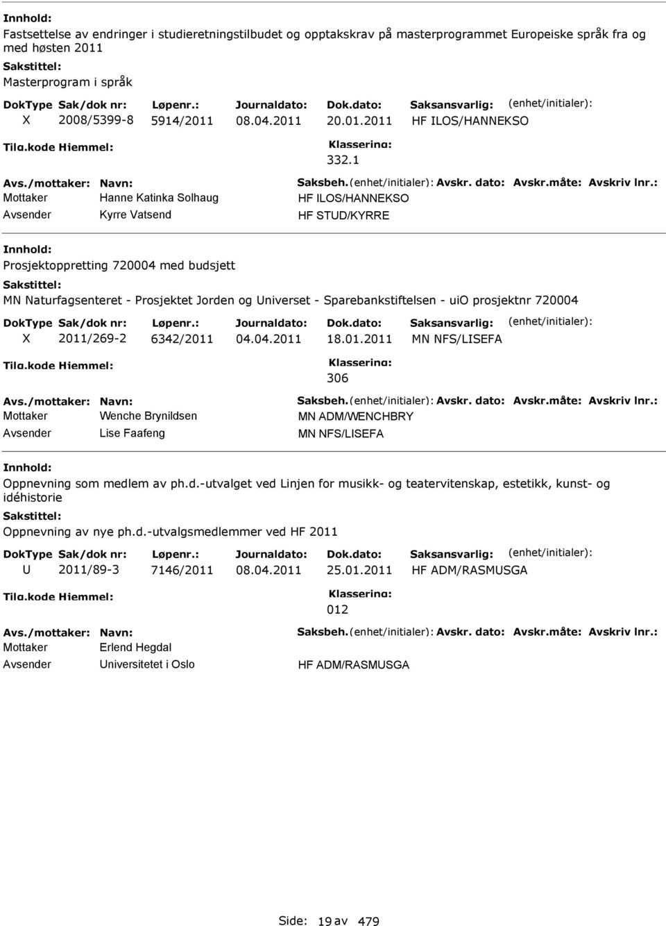 : Mottaker Hanne Katinka Solhaug HF LOS/HANNEKSO Kyrre Vatsend HF STD/KYRRE Prosjektoppretting 720004 med budsjett MN Naturfagsenteret - Prosjektet Jorden og niverset - Sparebankstiftelsen - uio