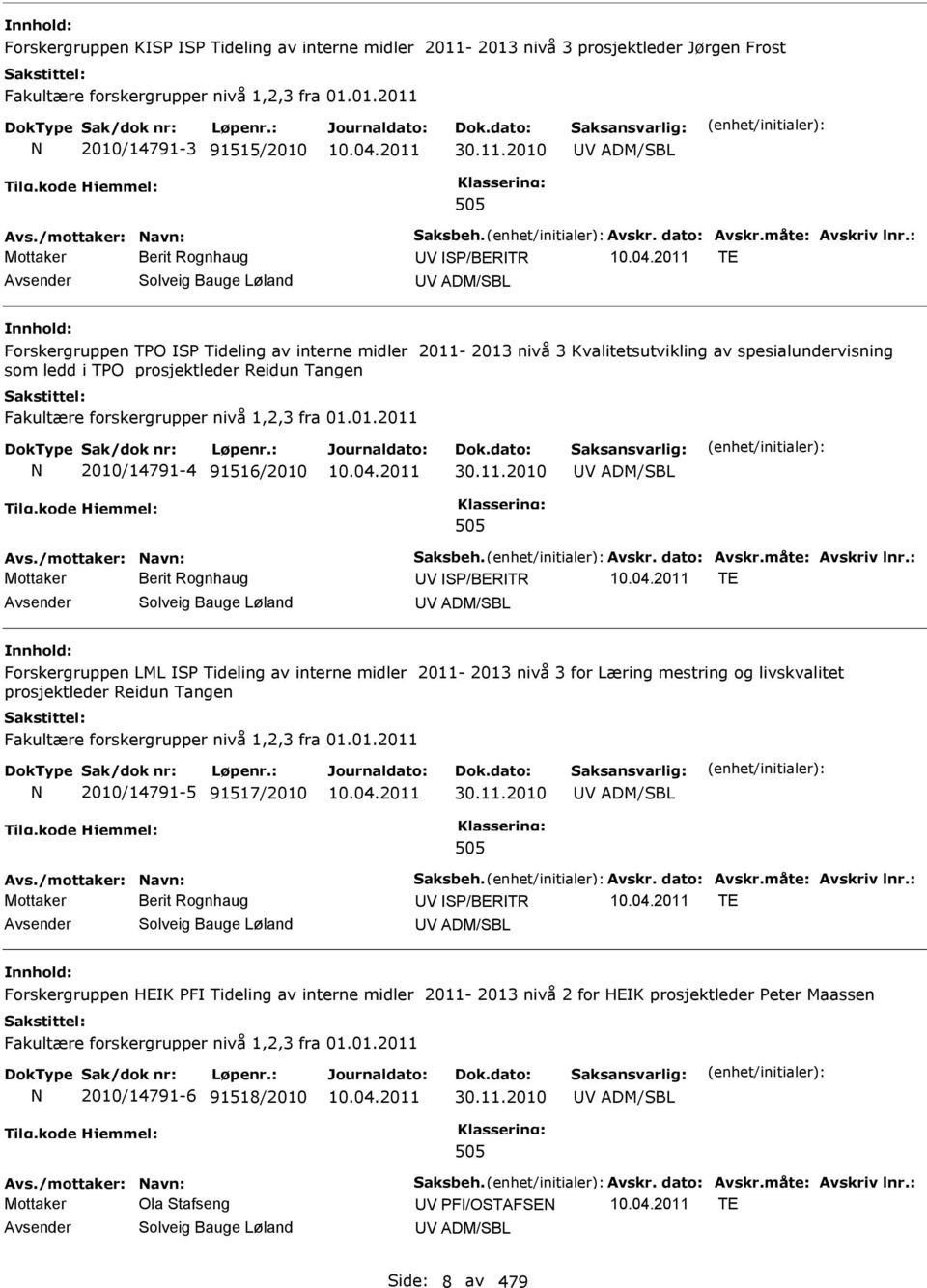 2011 TE Solveig Bauge Løland V ADM/SBL Forskergruppen TPO SP Tideling av interne midler 2011-2013 nivå 3 Kvalitetsutvikling av spesialundervisning som ledd i TPO prosjektleder Reidun Tangen Fakultære