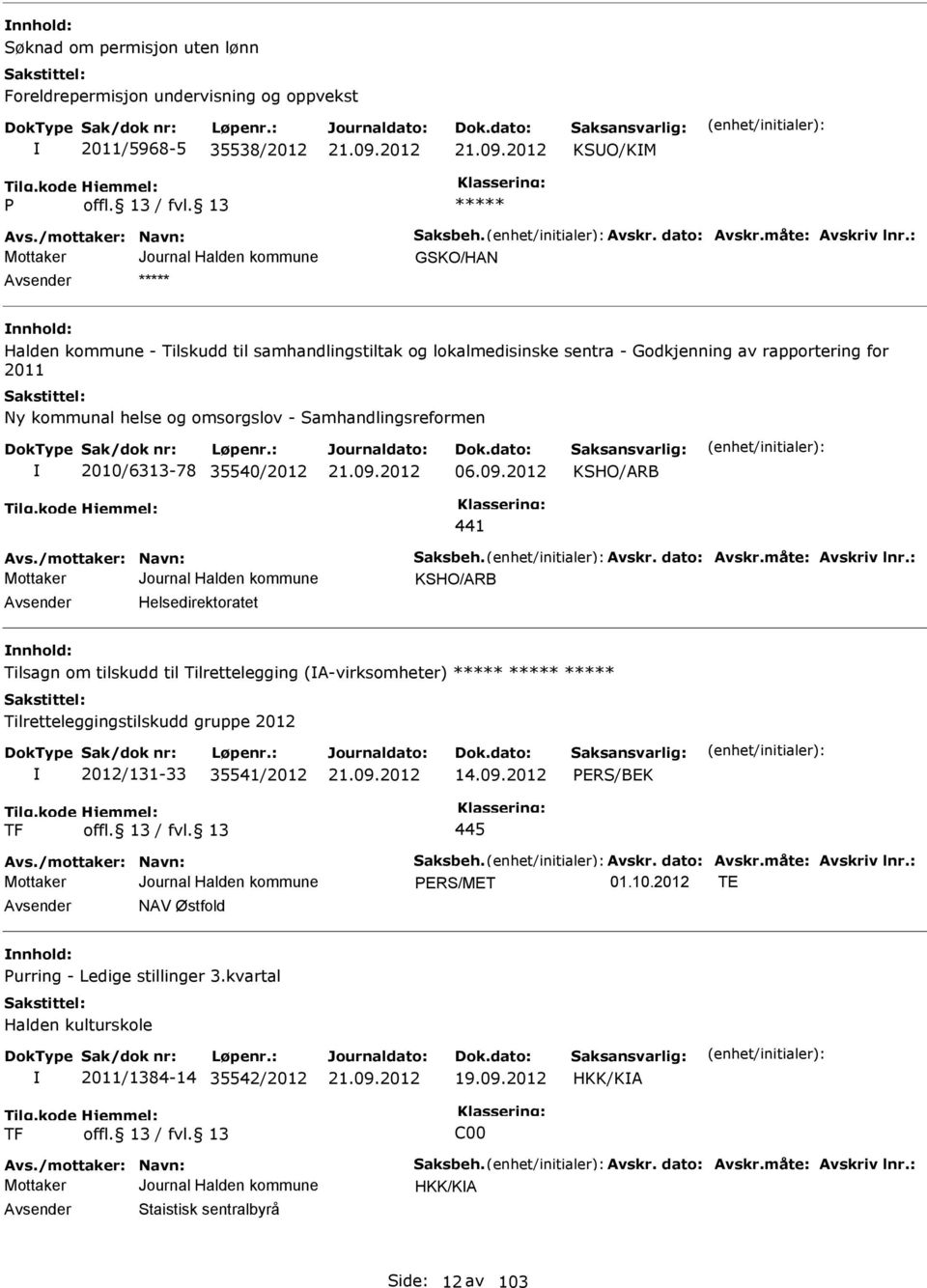 2010/6313-78 35540/2012 06.09.2012 KSHO/ARB 441 Avs./mottaker: Navn: Saksbeh. Avskr. dato: Avskr.måte: Avskriv lnr.