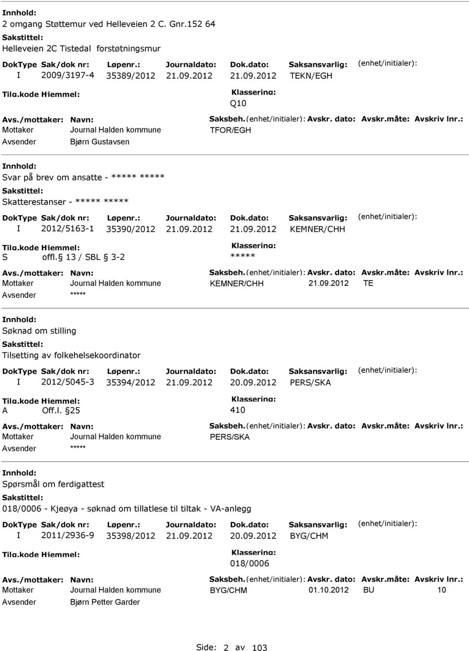 måte: Avskriv lnr.: KMNR/CHH T nnhold: Søknad om stilling Tilsetting av folkehelsekoordinator 2012/5045-3 35394/2012 20.09.2012 PRS/SKA A Off.l. 25 410 Avs./mottaker: Navn: Saksbeh. Avskr. dato: Avskr.