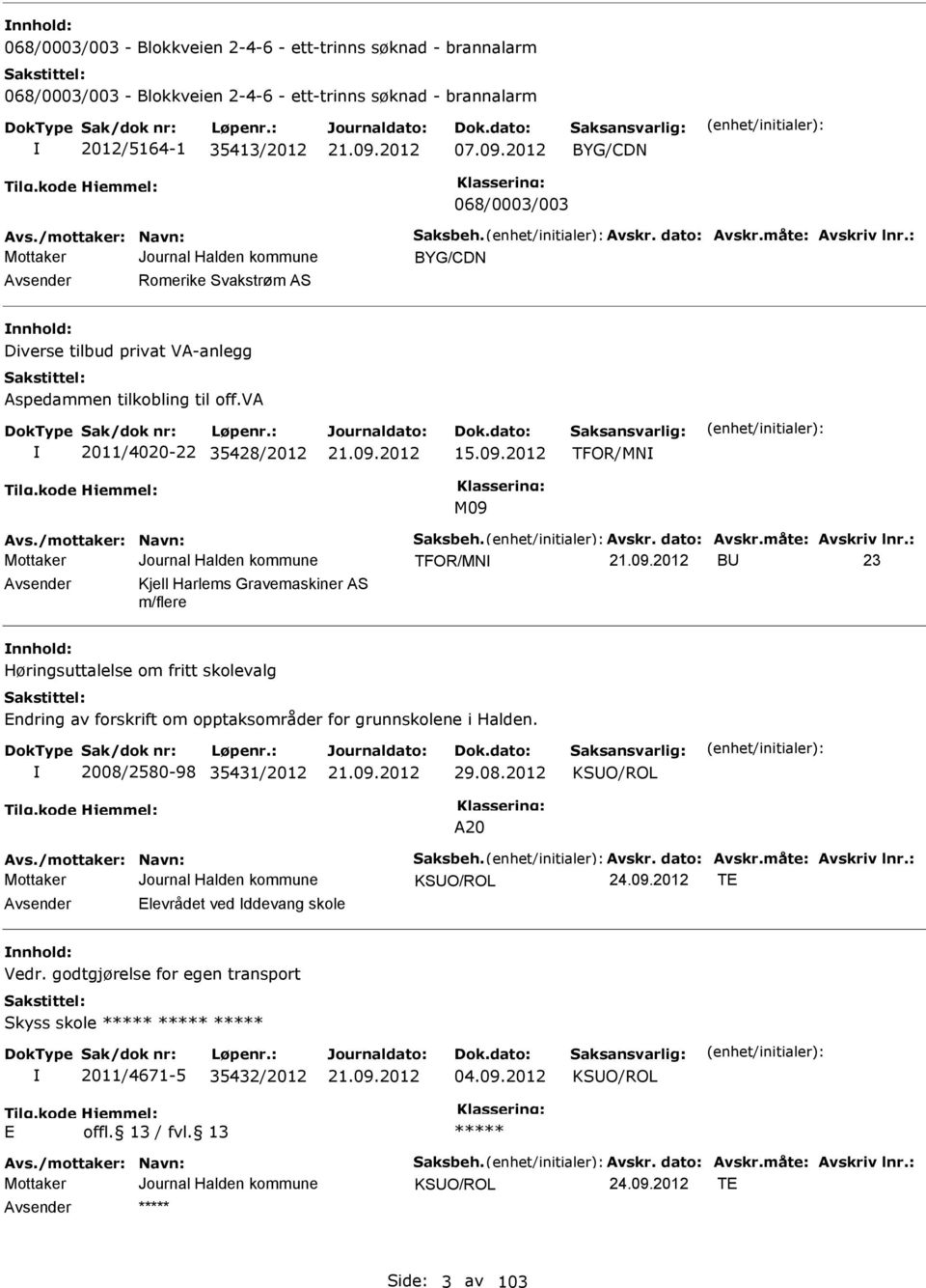 va 2011/4020-22 35428/2012 15.09.2012 TFOR/MN M09 Avs./mottaker: Navn: Saksbeh. Avskr. dato: Avskr.måte: Avskriv lnr.