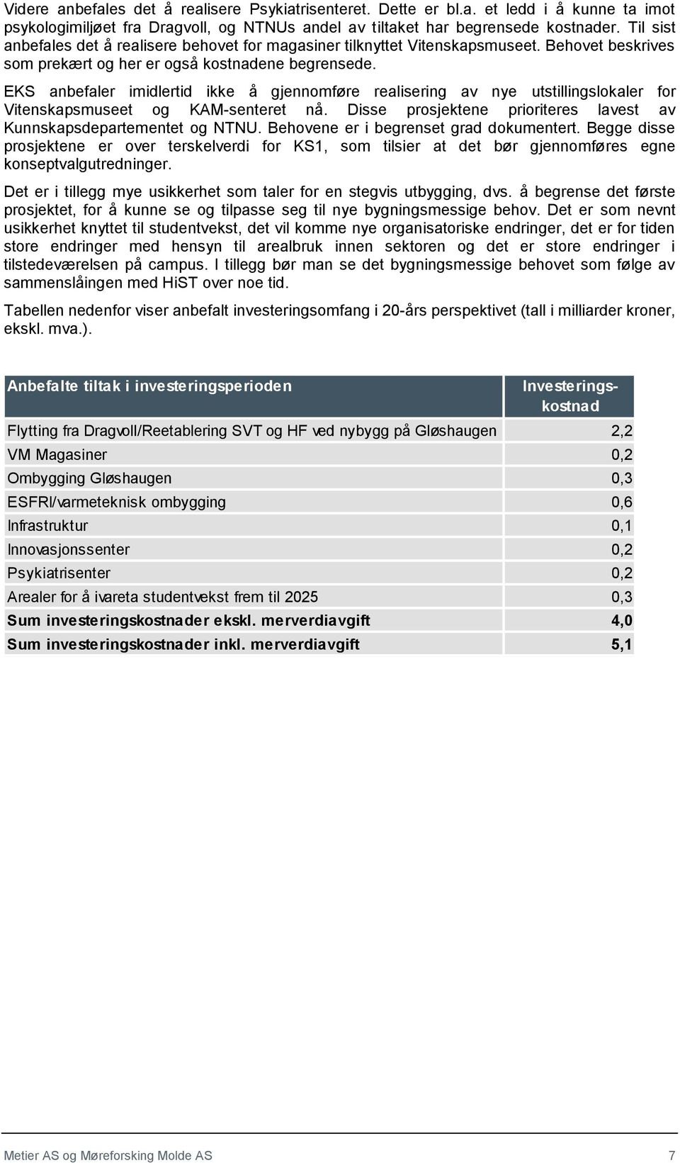 EKS anbefaler imidlertid ikke å gjennomføre realisering av nye utstillingslokaler for Vitenskapsmuseet og KAM-senteret nå. Disse prosjektene prioriteres lavest av Kunnskapsdepartementet og NTNU.