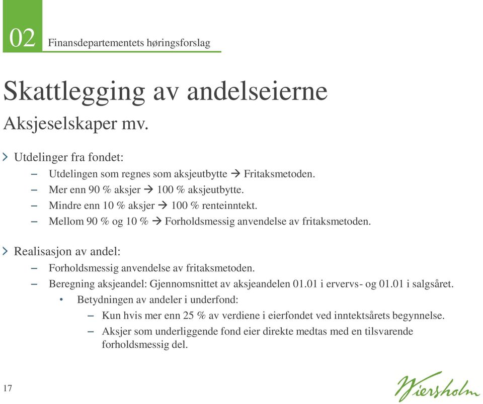 Realisasjon av andel: Forholdsmessig anvendelse av fritaksmetoden. Beregning aksjeandel: Gjennomsnittet av aksjeandelen 01.01 i ervervs- og 01.01 i salgsåret.