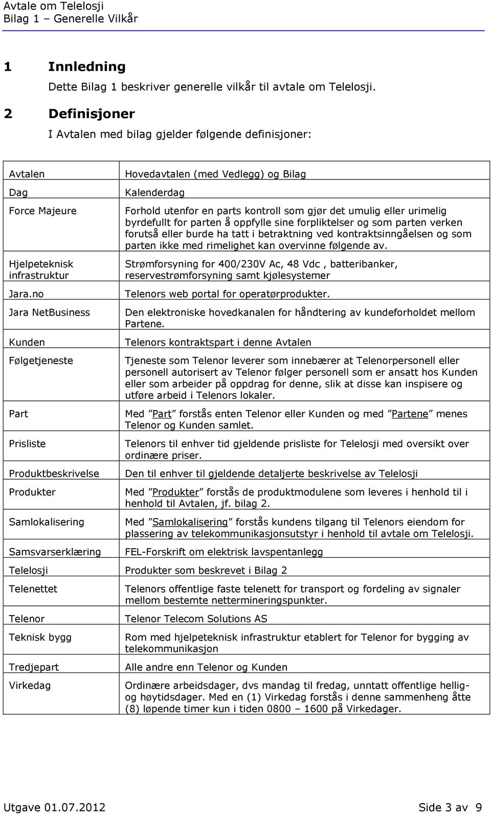 no Jara NetBusiness Kunden Følgetjeneste Part Prisliste Produktbeskrivelse Produkter Samlokalisering Samsvarserklæring Hovedavtalen (med Vedlegg) og Bilag Kalenderdag Forhold utenfor en parts