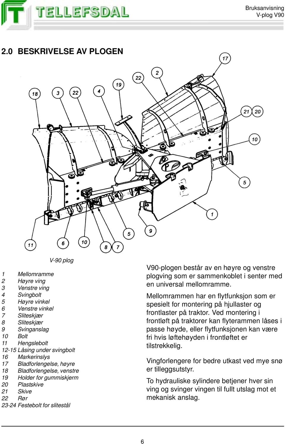 høyre og venstre plogving som er sammenkoblet i senter med en universal mellomramme. Mellomrammen har en flytfunksjon som er spesielt for montering på hjullaster og frontlaster på traktor.