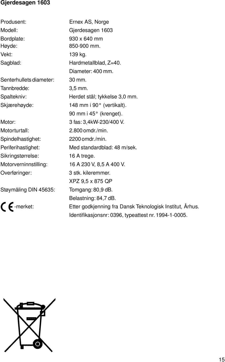 Motorturtall: 2.800 omdr./min. Spindelhastighet: 2200 omdr./min. Periferihastighet: Med standardblad: 48 m/sek. Sikringstørrelse: 16 A trege. Motorverninnstilling: 16 A 230 V, 8,5 A 400 V.