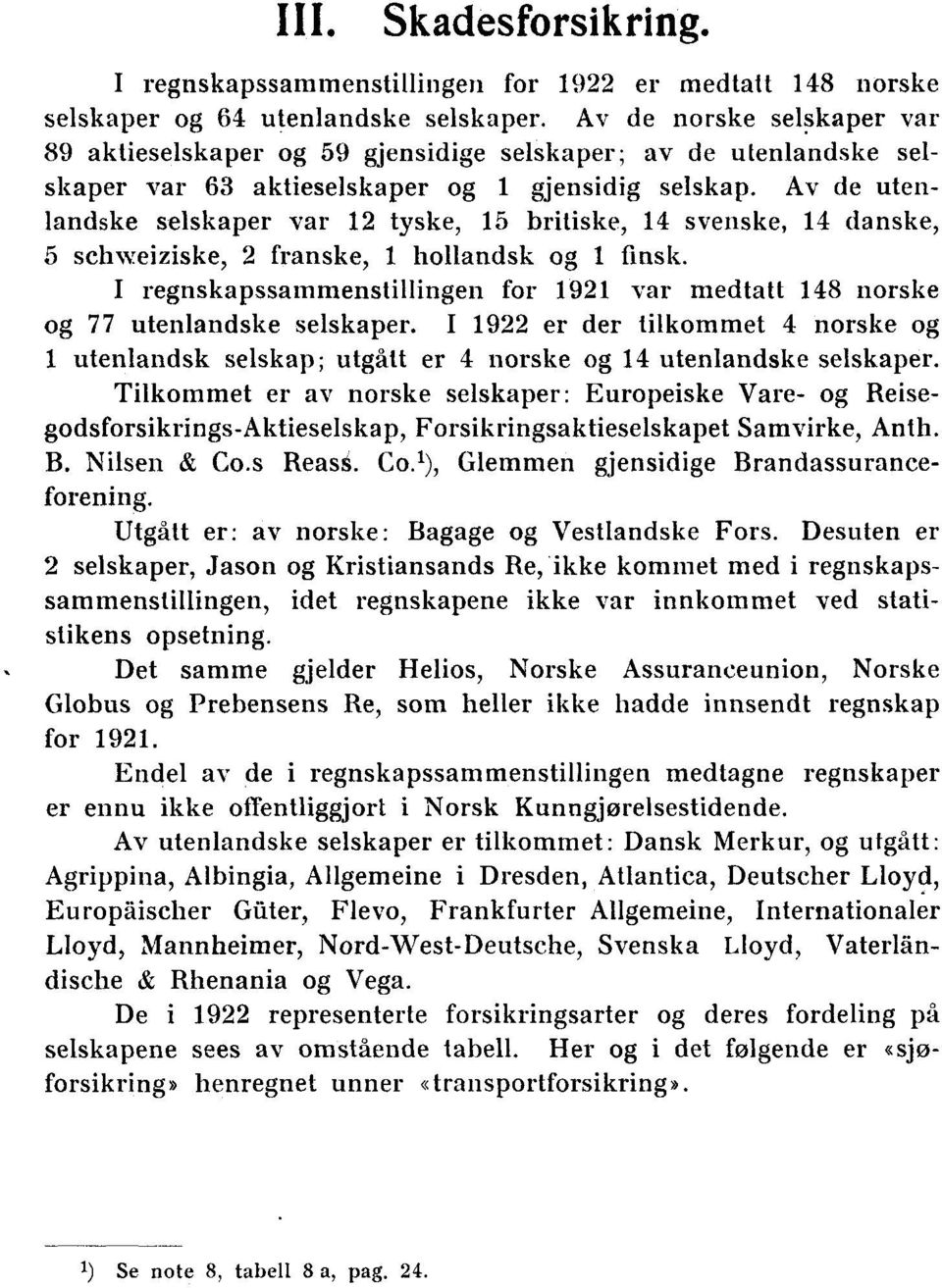 Av de utenlandske selskaper var 12 tyske, 15 britiske, 14 svenske, 14 danske, 5 schweiziske, 2 franske, 1 hollandsk og 1 finsk.