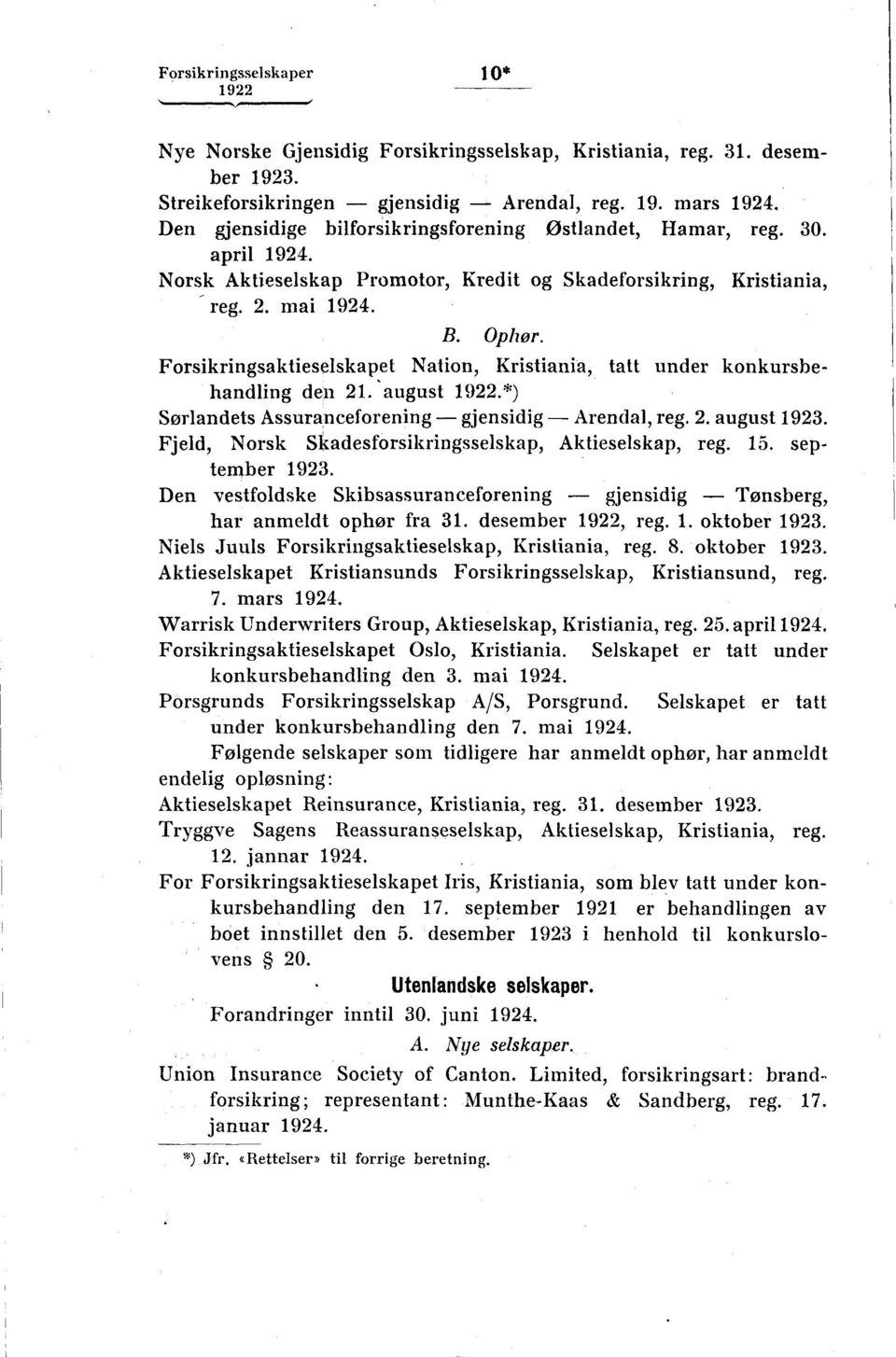 Forsikringsaktieselskapet Nation, Kristiania, tatt under konkursbehandling den 212 august.*) Sørlandets Assuranceforening - gjensidig - Arendal, reg. 2. august 1923.