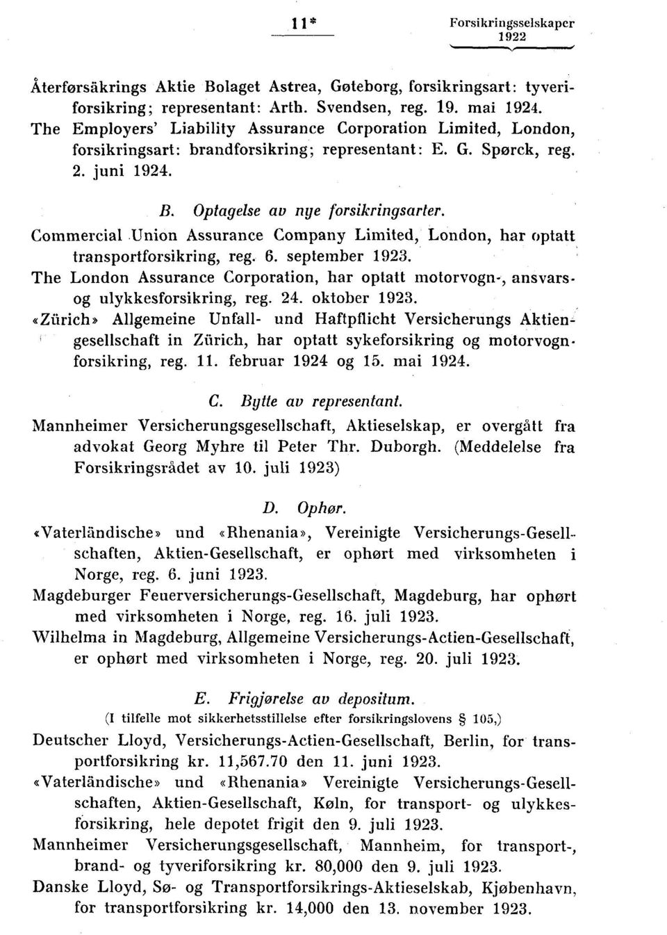 Commercial Union Assurance Company Limited, London, har optatt transportforsikring, reg. 6. september 1923. The London Assurance Corporation, har optatt motorvogn-, ansvarsog ulykkesforsikring, reg.