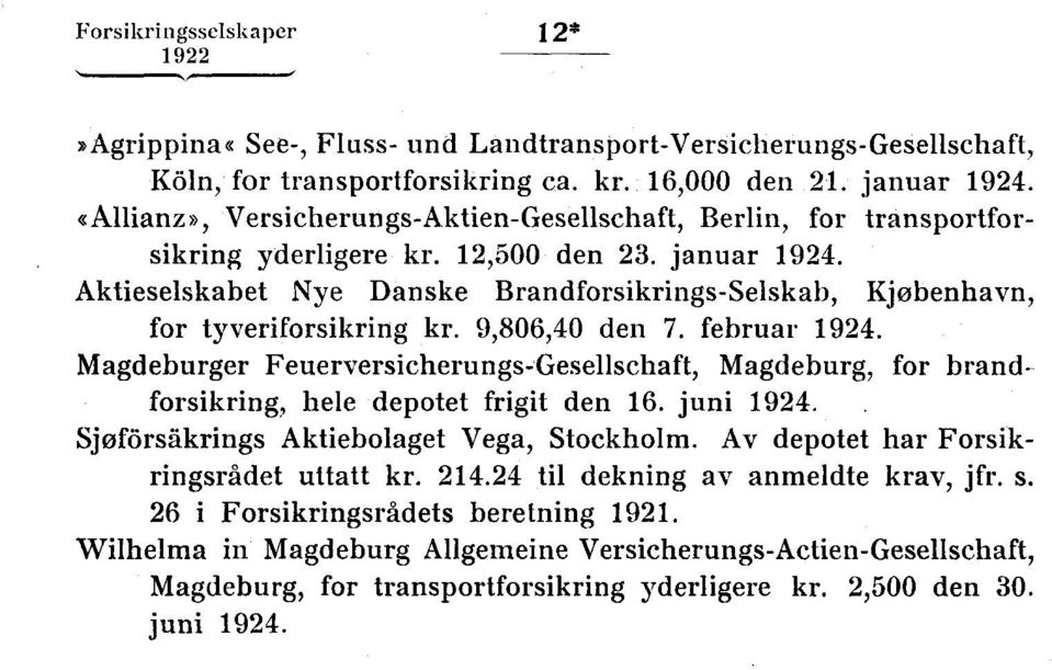 Aktieselskabet Nye Danske Brandforsikrings-Selskab, Kjobenhavn, for tyveriforsikring kr. 9,806,40 den 7. februar 1924.