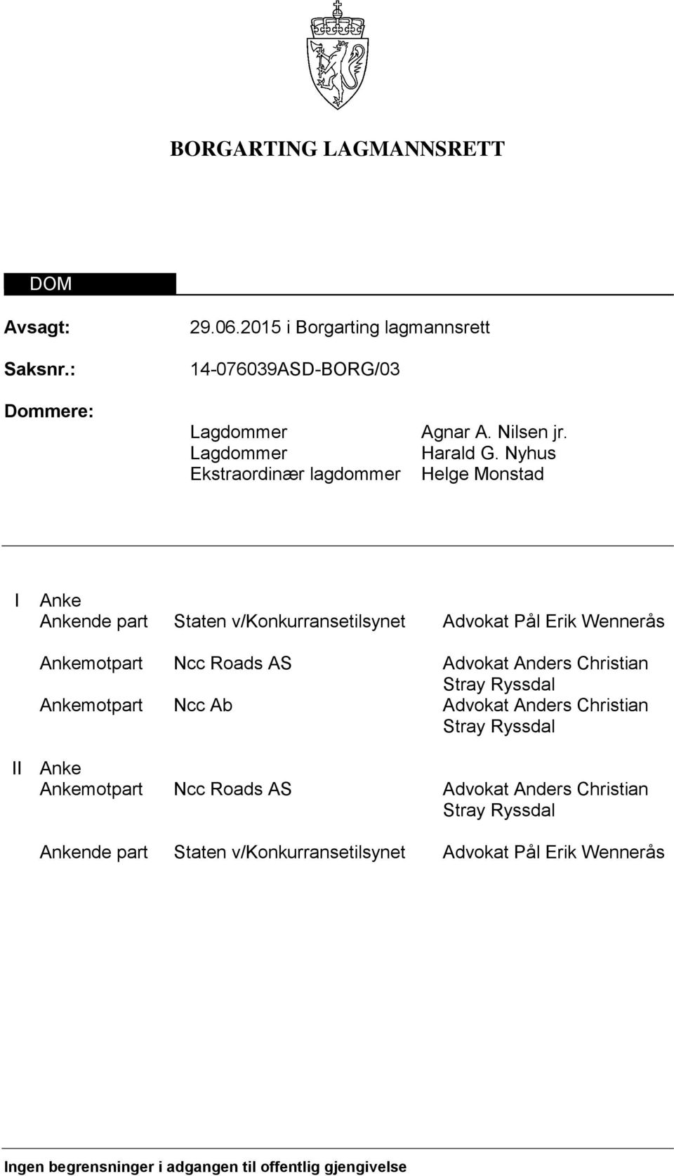 Nyhus Helge Monstad I Anke Ankende part Staten v/konkurransetilsynet Advokat Pål Erik Wennerås Ankemotpart Ncc Roads AS Advokat Anders Christian