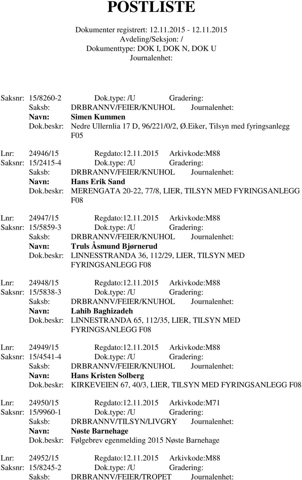 2015 Arkivkode:M88 Saksnr: 15/5859-3 Dok.type: /U Gradering: Navn: Truls Åsmund Bjørnerud Dok.beskr: LINNESSTRANDA 36, 112/29, LIER, TILSYN MED FYRINGSANLEGG F08 Lnr: 24948/15 Regdato:12.11.2015 Arkivkode:M88 Saksnr: 15/5838-3 Dok.