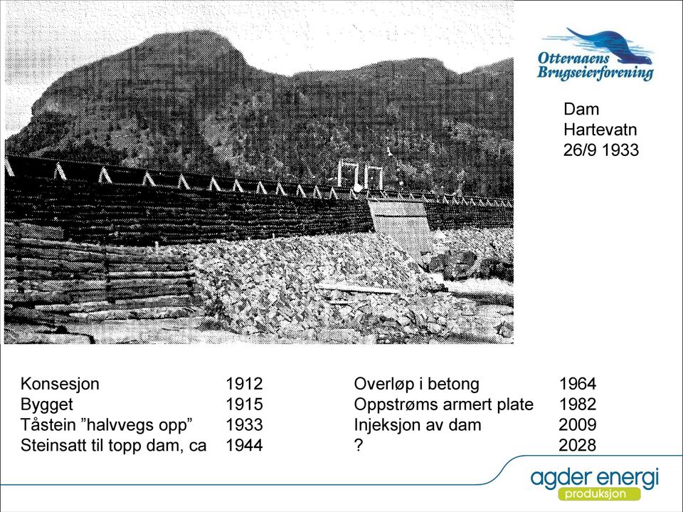 topp dam, ca 1944 Overløp i betong 1964