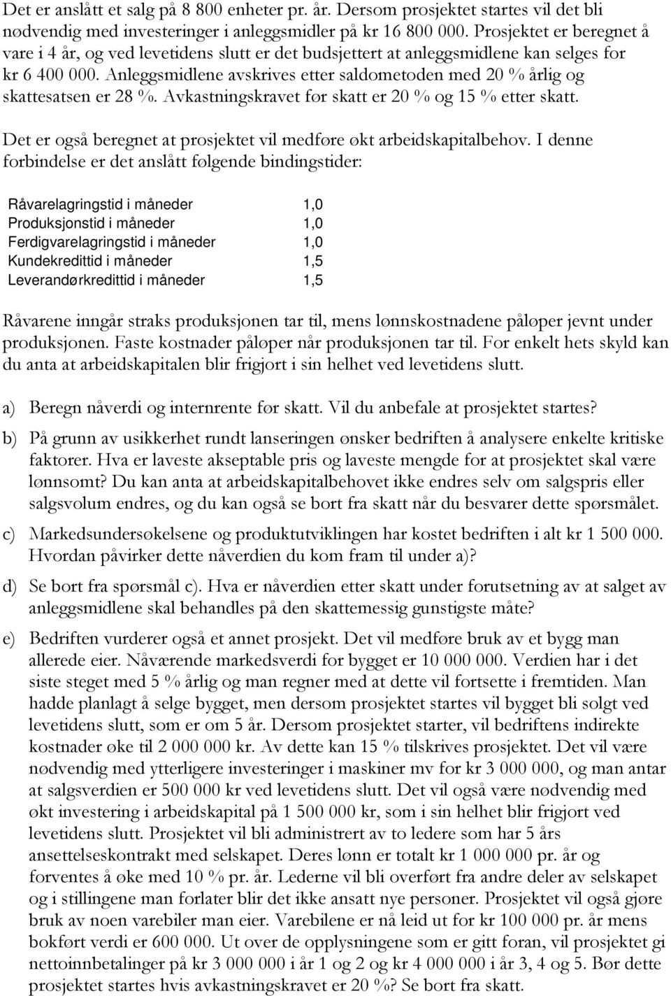 Anleggsmidlene avskrives etter saldometoden med 20 % årlig og skattesatsen er 28 %. Avkastningskravet før skatt er 20 % og 15 % etter skatt.