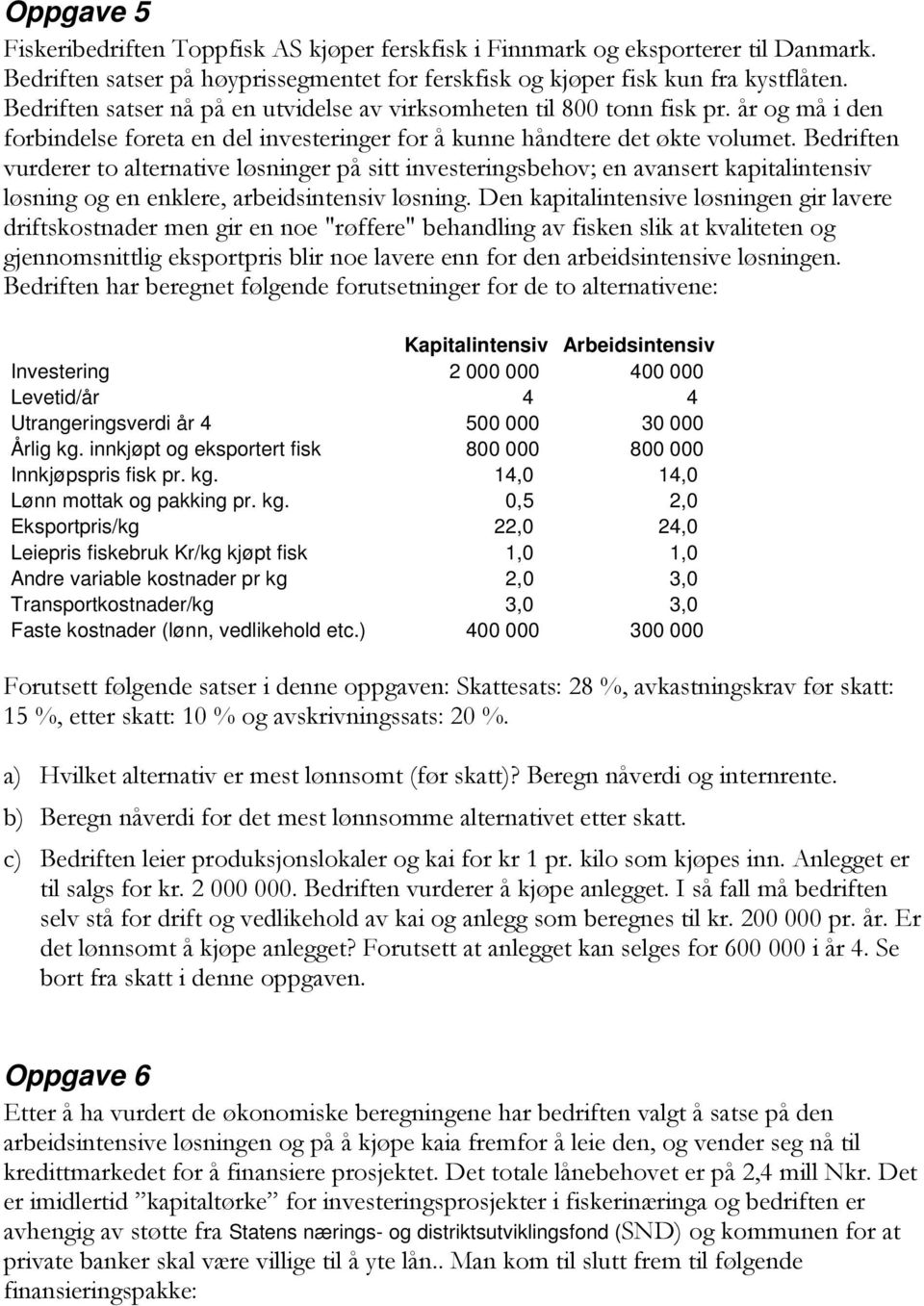 Bedriften vurderer to alternative løsninger på sitt investeringsbehov; en avansert kapitalintensiv løsning og en enklere, arbeidsintensiv løsning.