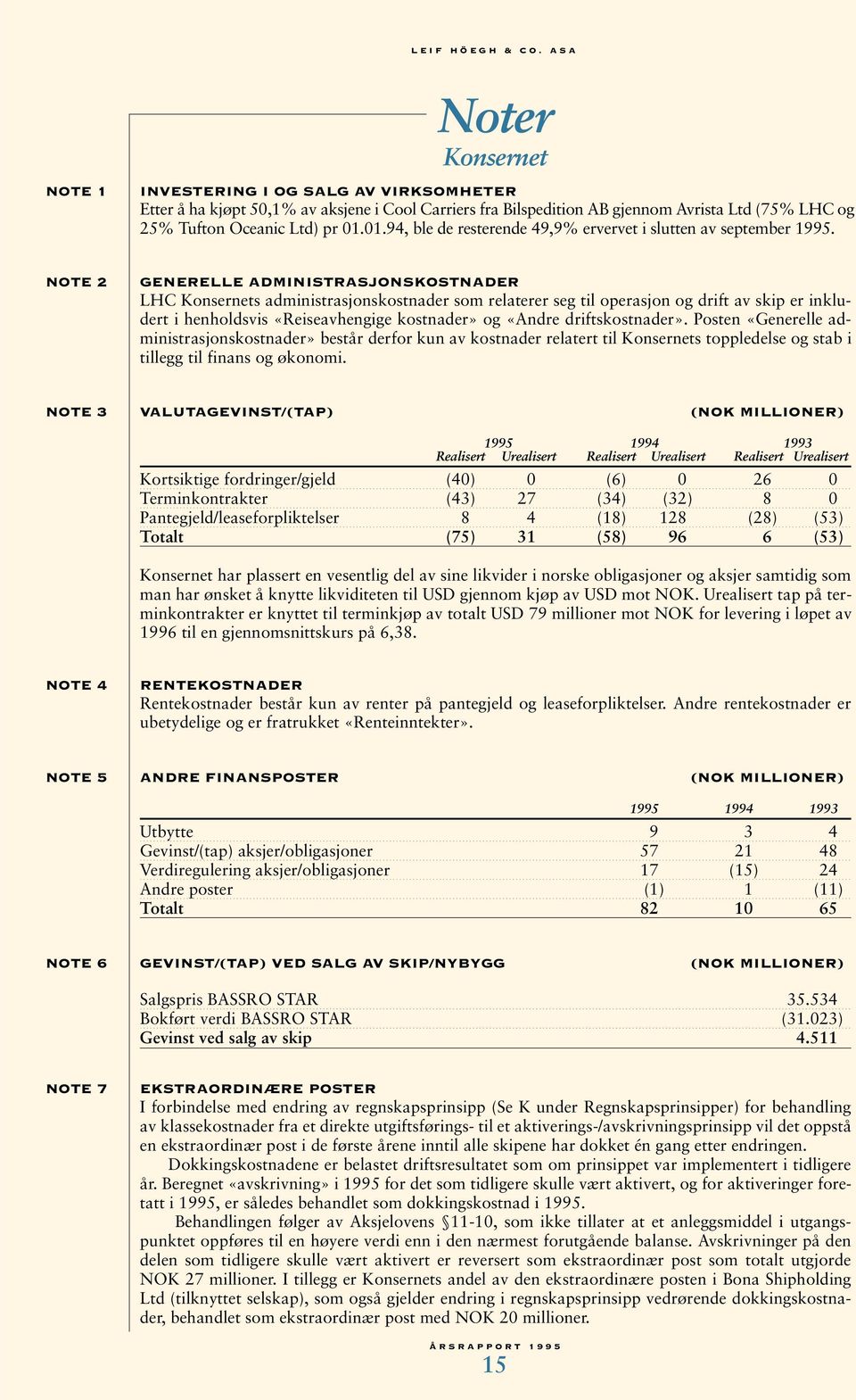 NOTE 2 GENERELLE ADMINISTRASJONSKOSTNADER LHC Konsernets administrasjonskostnader som relaterer seg til operasjon og drift av skip er inkludert i henholdsvis «Reiseavhengige kostnader» og «Andre