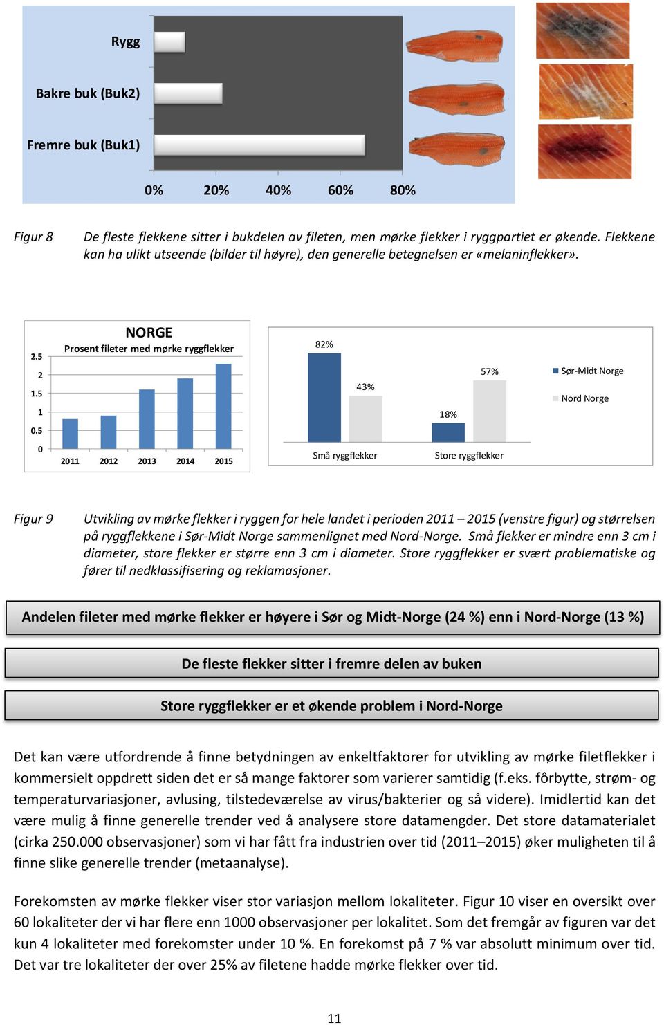 5 5 NORGE Prosent fileter med mørke ryggflekker 25 20 15 10 5 NORGE Prosent 82% fileter med mørke flekker 43% 18% 57% Sør-Midt Norge Nord Norge 13 2014 2015 0 2011 2012 2013 2014 2015 0 2011 Små 2012