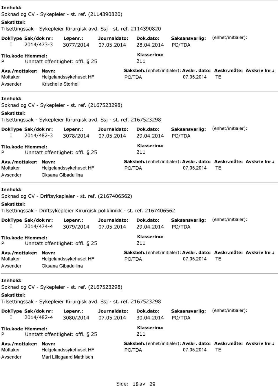 04.2014 Avs./mottaker: Navn: Saksbeh. Avskr. dato: Avskr.måte: Avskriv lnr.: TE Avsender Oksana Gibadullina nnhold: Søknad og CV - Driftsykepleier - st. ref.