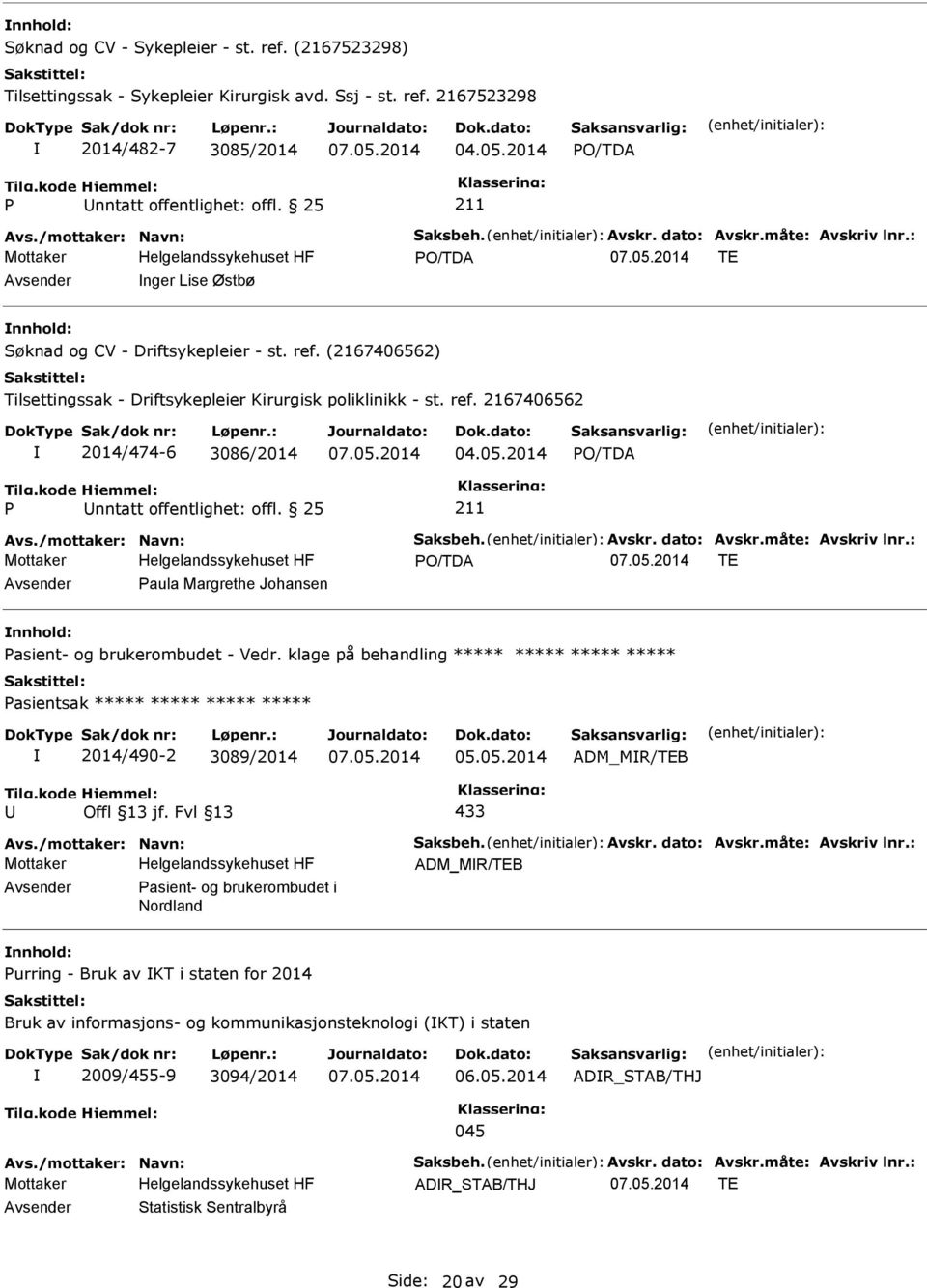 05.2014 Avs./mottaker: Navn: Saksbeh. Avskr. dato: Avskr.måte: Avskriv lnr.: TE Avsender aula Margrethe Johansen nnhold: asient- og brukerombudet - Vedr.