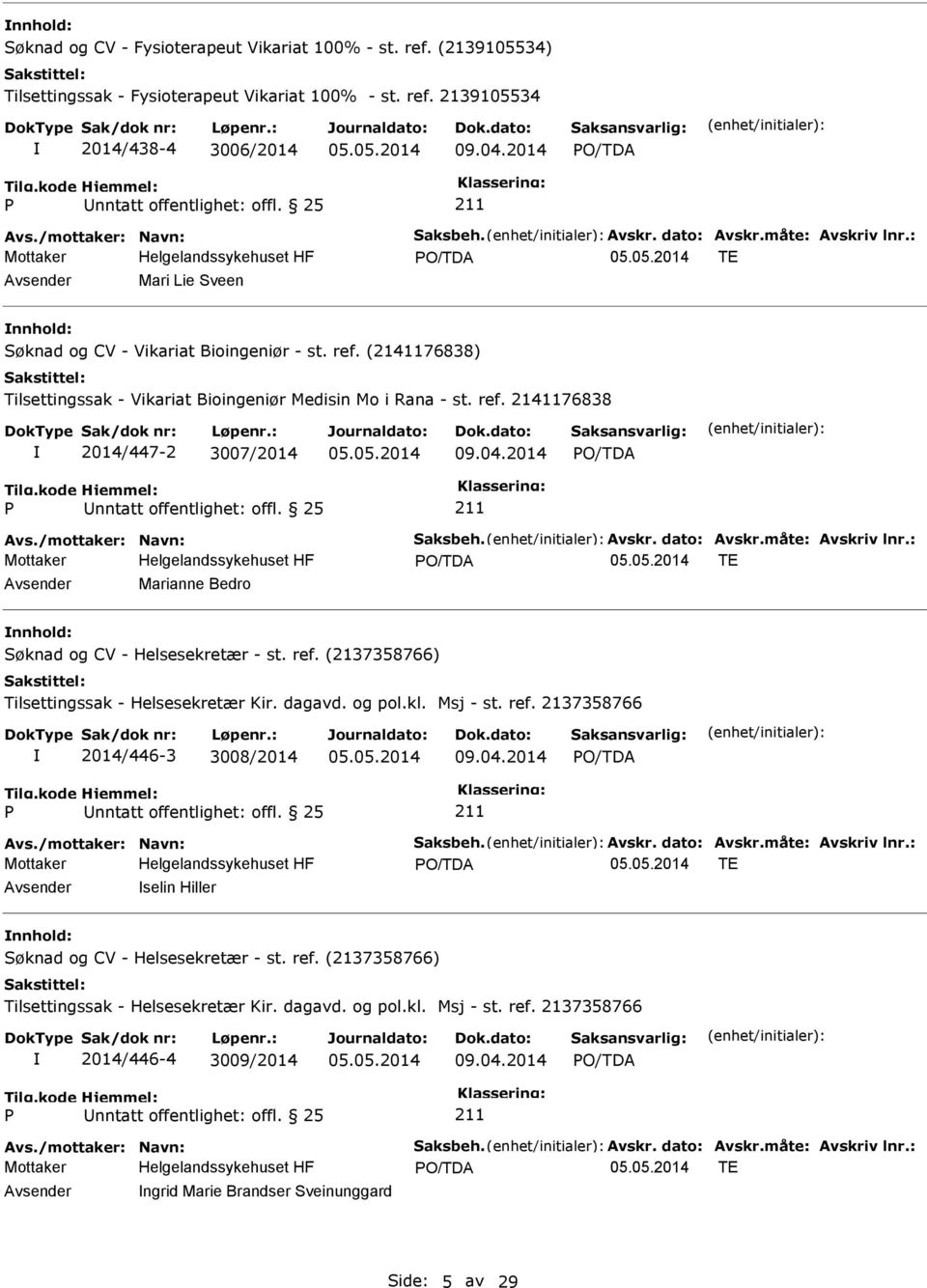 (2141176838) Tilsettingssak - Vikariat Bioingeniør Medisin Mo i Rana - st. ref. 2141176838 2014/447-2 3007/2014 09.04.2014 Avs./mottaker: Navn: Saksbeh. Avskr. dato: Avskr.måte: Avskriv lnr.