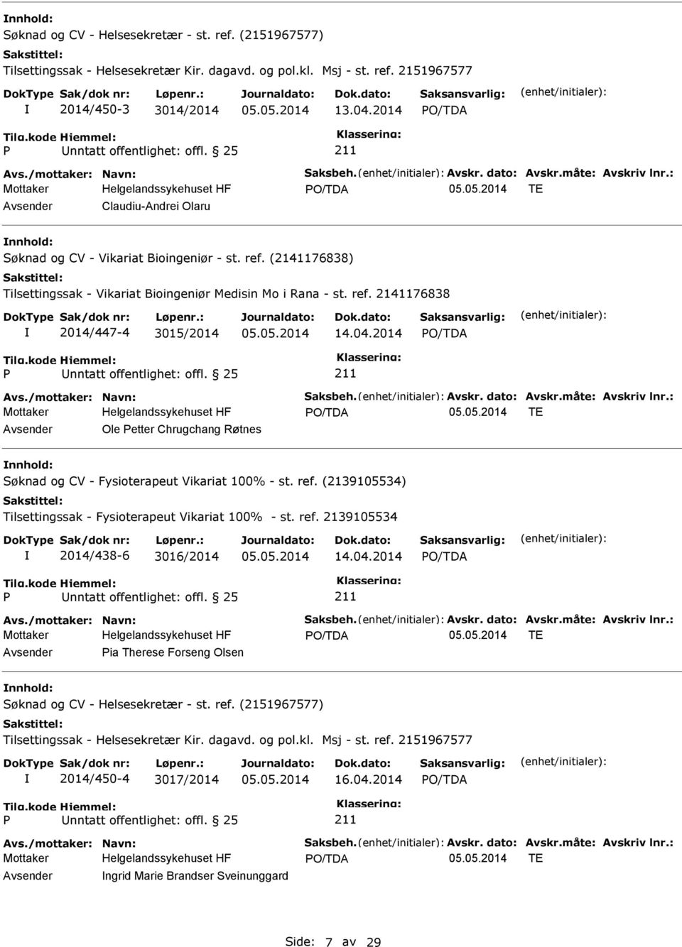 (2141176838) Tilsettingssak - Vikariat Bioingeniør Medisin Mo i Rana - st. ref. 2141176838 2014/447-4 3015/2014 14.04.2014 Avs./mottaker: Navn: Saksbeh. Avskr. dato: Avskr.måte: Avskriv lnr.