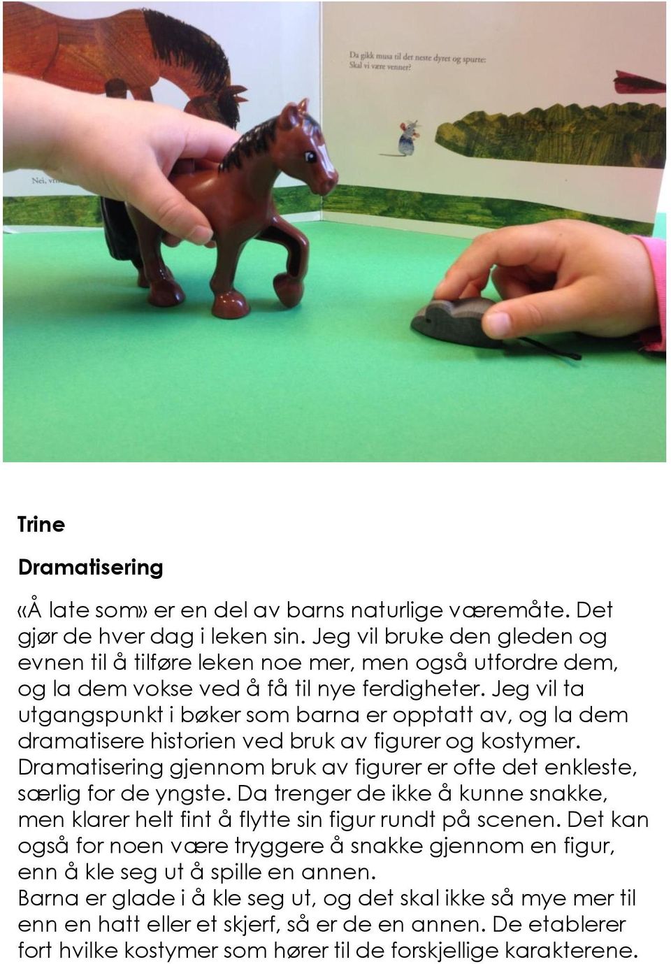 Jeg vil ta utgangspunkt i bøker som barna er opptatt av, og la dem dramatisere historien ved bruk av figurer og kostymer.