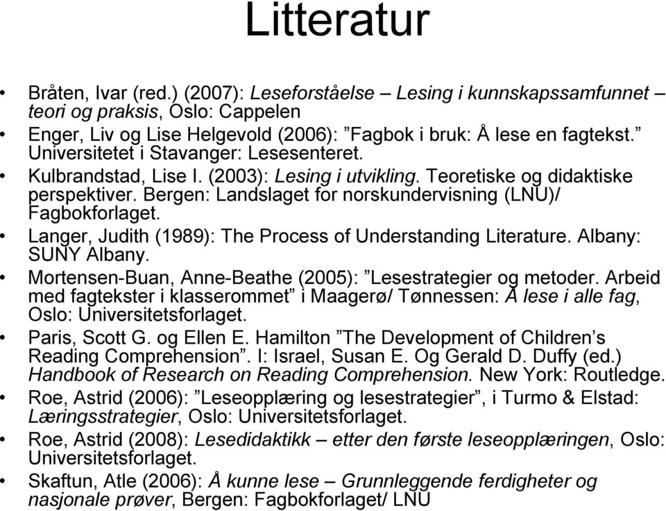 Langer, Judith (1989): The Process of Understanding Literature. Albany: SUNY Albany. Mortensen-Buan, Anne-Beathe (2005): Lesestrategier og metoder.
