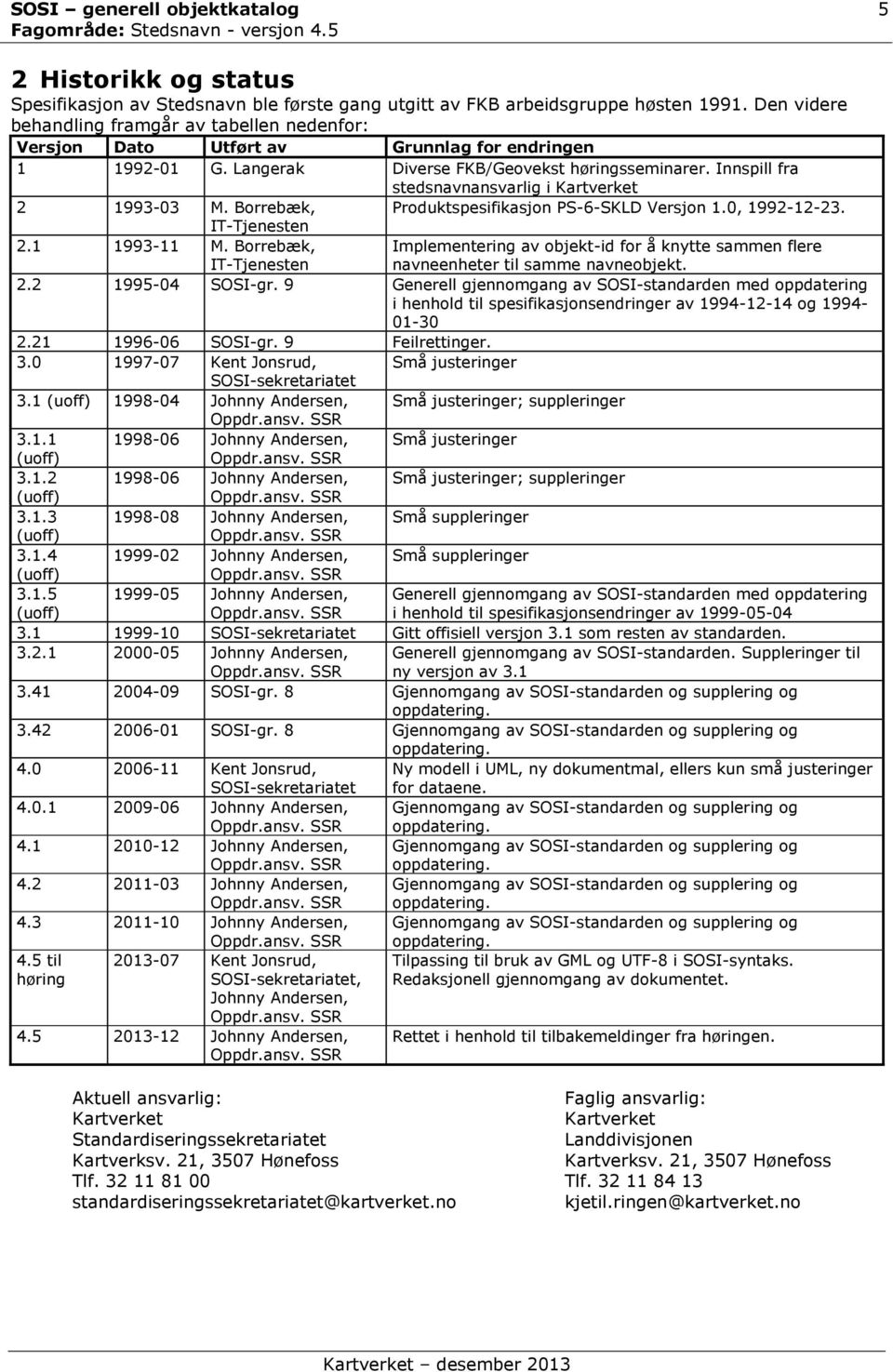 Innspill fra stedsnavnansvarlig i Kartverket Produktspesifikasjon PS-6-SKLD Versjon 1.0, 1992-12-23. 2 1993-03 M. Borrebæk, IT-Tjenesten 2.1 1993-11 M.